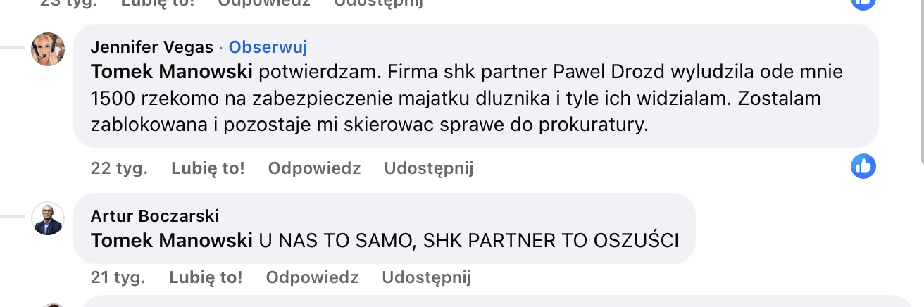 Jennifer V. potwierdza wyłudzenie 1500 zł przez SHK Partner Paweł Drozd